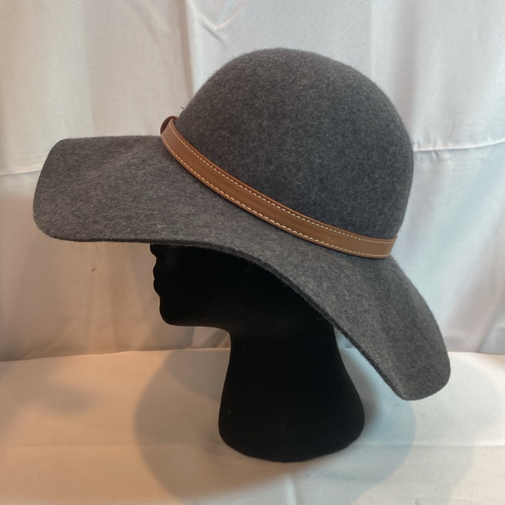 Elegant Gray Wool Floppy Sun Hat with Tan Leather Band by Angela & William, OS - Picture 2 of 6